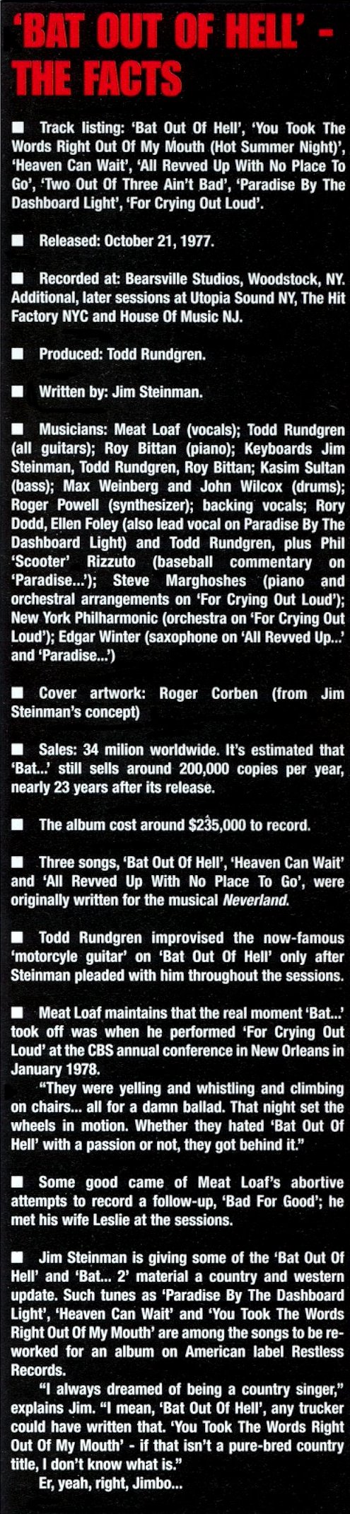 Bat Out Of Hell - The Facts (scan of magazine info box - text is below)