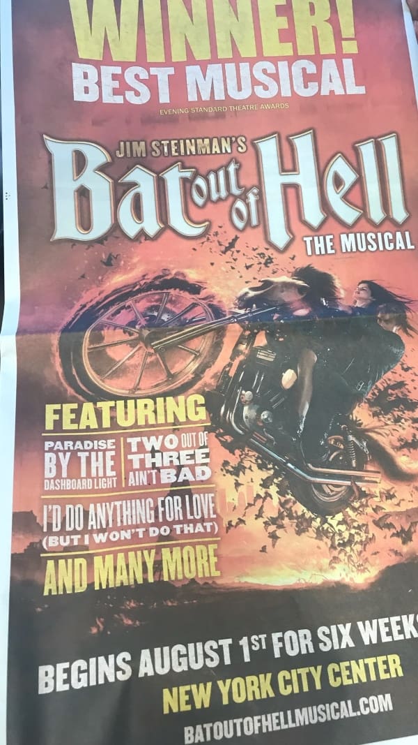 full page colour advert for Bat Out Of Hell in the New York Times