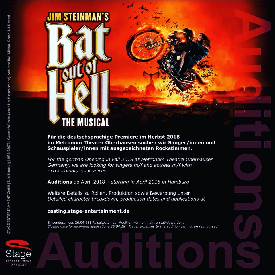 Casting notice for a German production of Bat Out Of Hell the musical, from Stage Entertainment