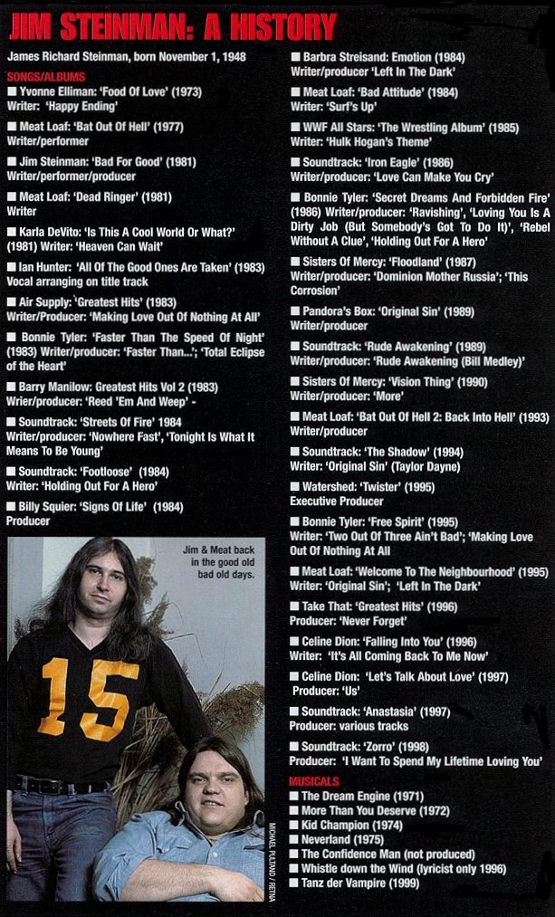 Jim Steinman - A History : this is info on Jim Steinman's projects. A text version is laid out in a table below.