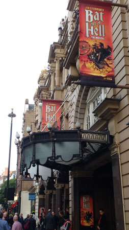 photo of the exterior of the London Coliseum while Bat Out Of Hell The Musical was there - banner flags prominently advertise the show