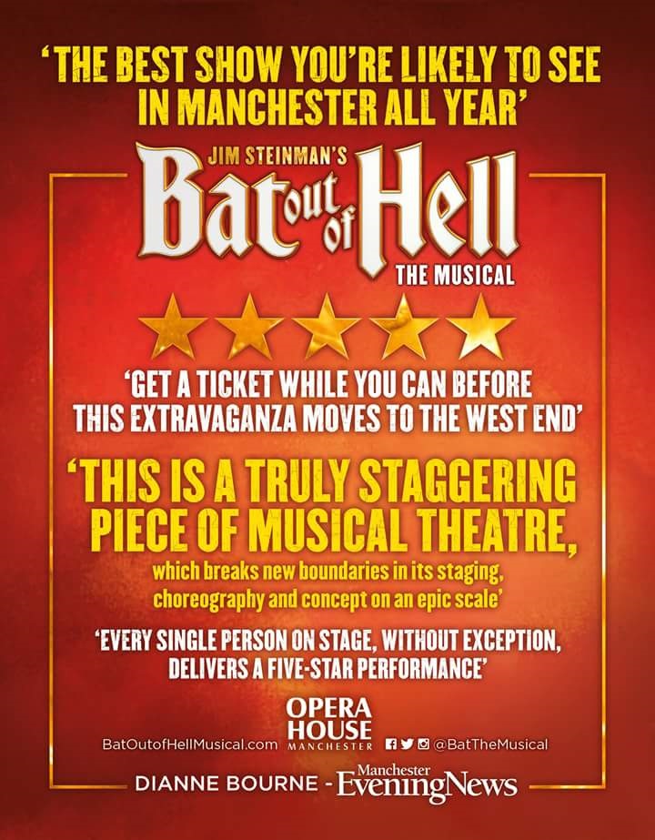 poster advertising Bat Out Of Hell The Musical in Manchester. Text description is below.