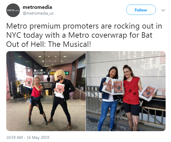 tweet showing people handing out Bat Out Of Hell themed metro newspapers