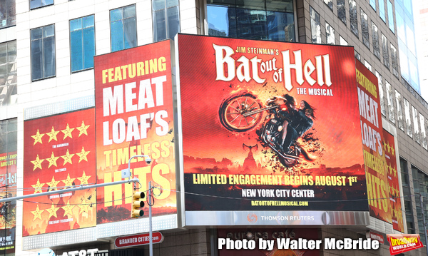 Close up of billboards advertising Bat Out Of Hell The Musical in Times Square