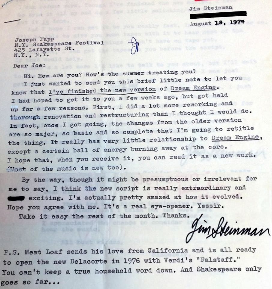 Letter from Jim Steinman to Joseph Papp regarding The Dream Engine, from 1974