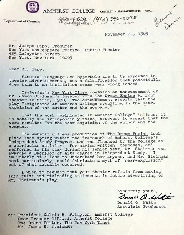 letter from Professor White at Amherst to Joseph Papp regarding Jim Steinman's Dream Engine