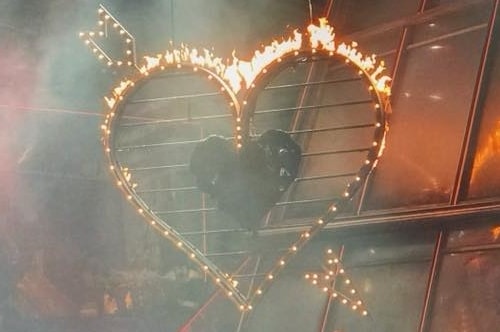 heart on fire, on the set of Bat Out Of Hell as staged in London
