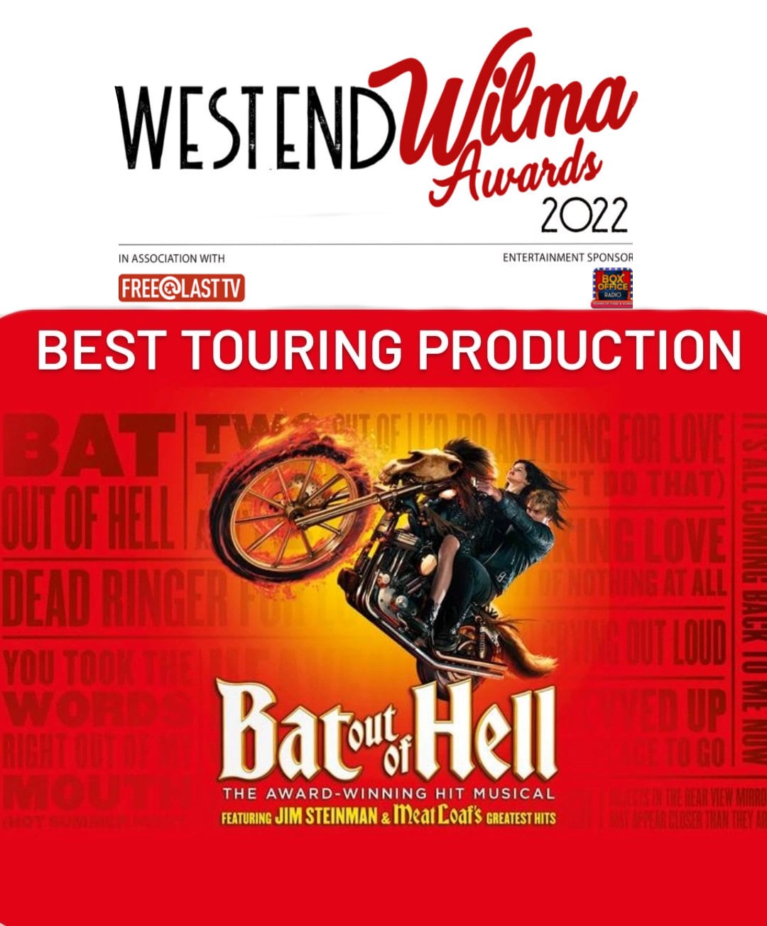 West End Wilma Awards 2022 - Bat Out Of Hell nominated for Best Touring Production