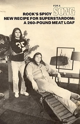 article cover image: Jim Steinman (left) wearing a number 35 sports top, and Meat Loaf (right) reclining