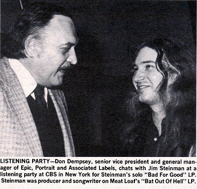 LISTENING PARTY - Don Dempsey, senior vice president and general manager of Epic, Portrait and Associated Labels, chats with Jim Steinman at a listening party at CBS in New York for Steinman's solo 'Bad For Good' LP. Steinman was producer and songwriter on Meat Loaf's 'Bat Out Of Hell' LP.